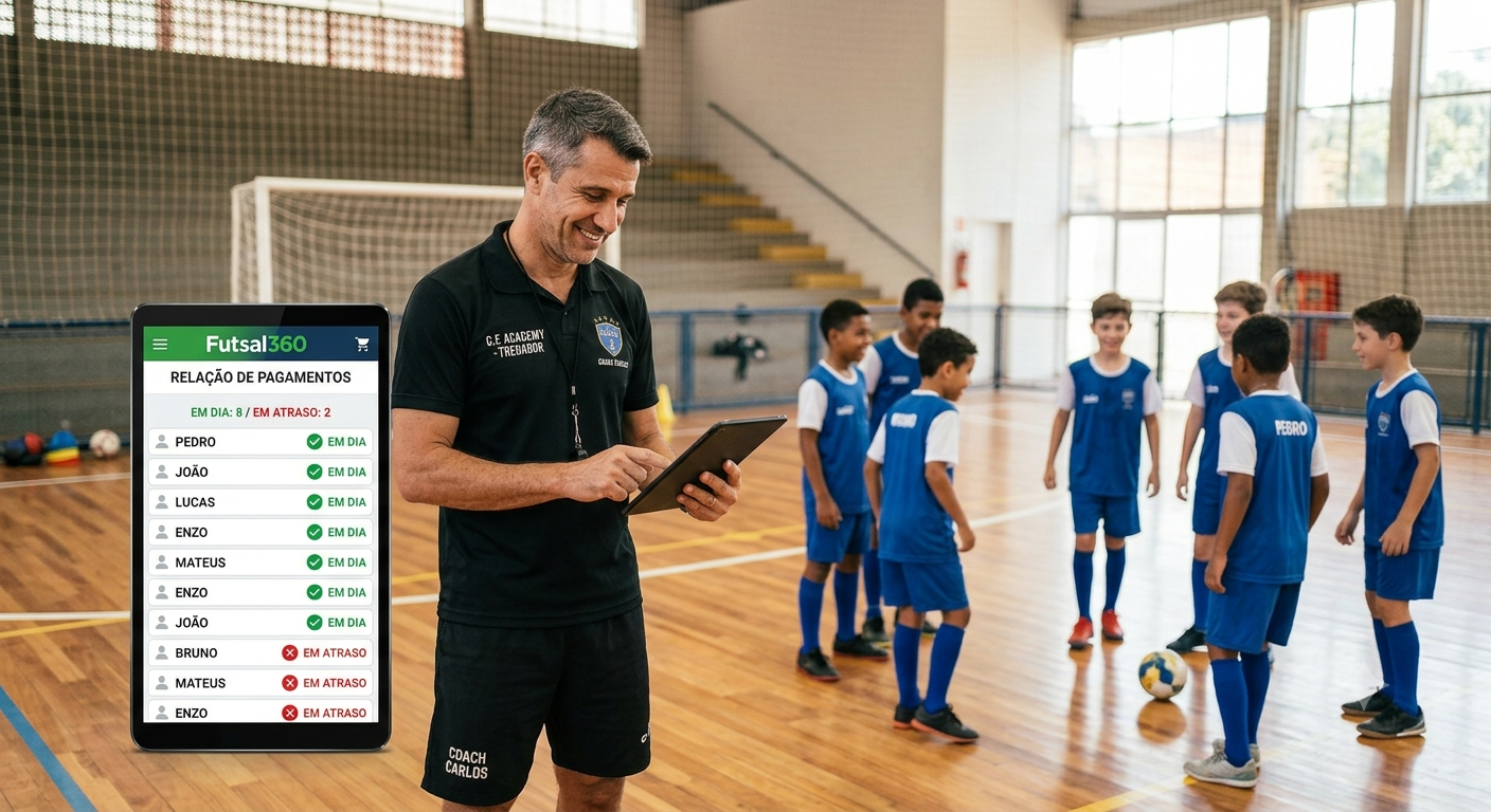Treinador sorrindo gerenciando o time com tablet e aplicativo