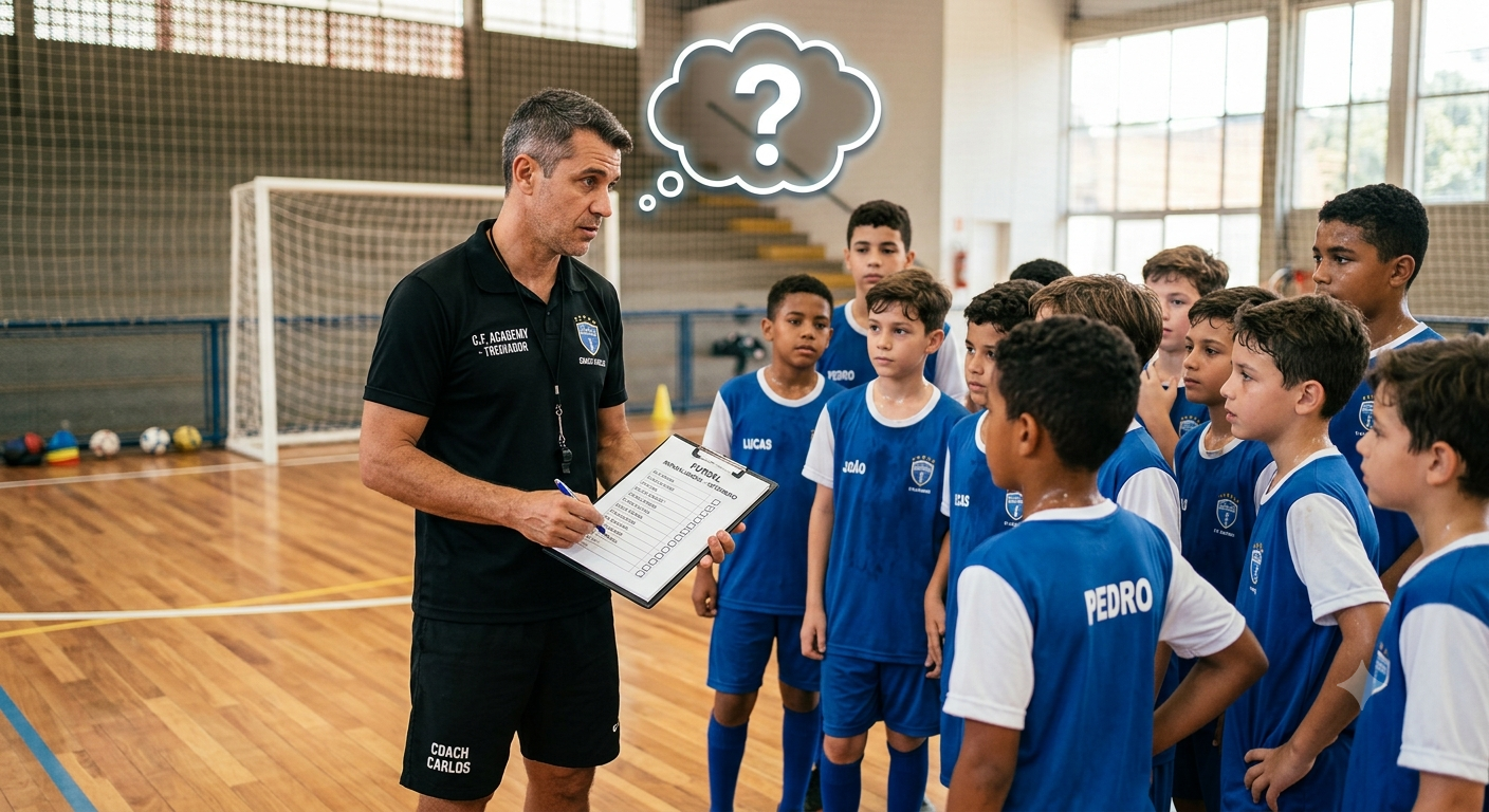 Treinador com dúvidas usando prancheta física tradicional